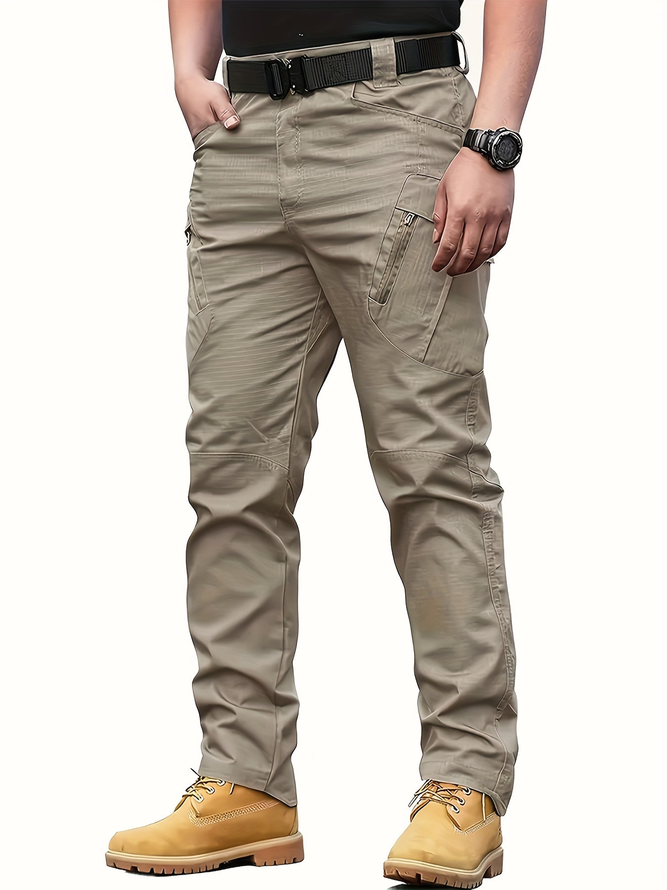 Men's Tactical Pants Loose Fit Outdoor Hiking Multi-Pocket Polyester No Belt