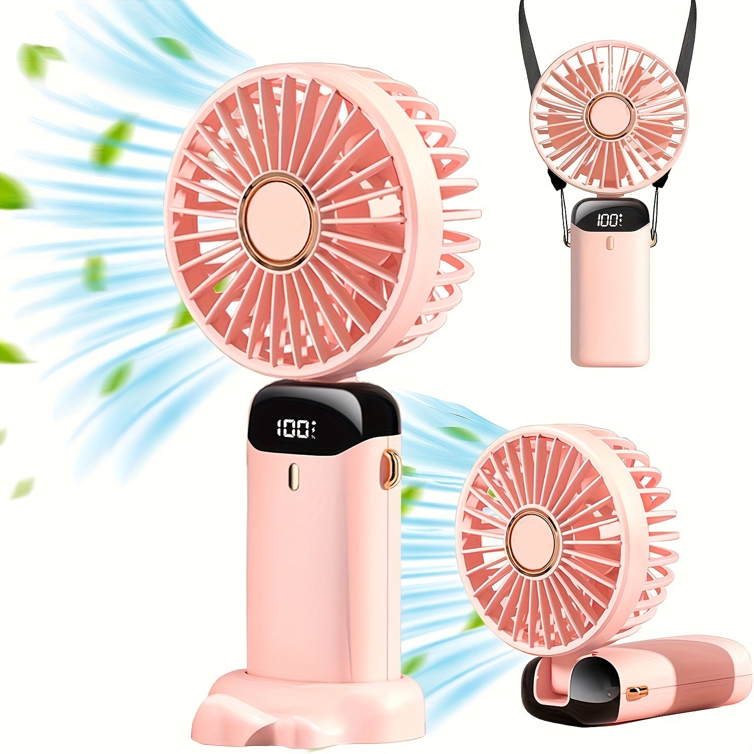 Rechargeable Mini Fan with 5 Speeds, Digital Display, 90° Adjustable, Portable Handheld Neck Hanging Fan for Home Outdoor Office Camping Travel