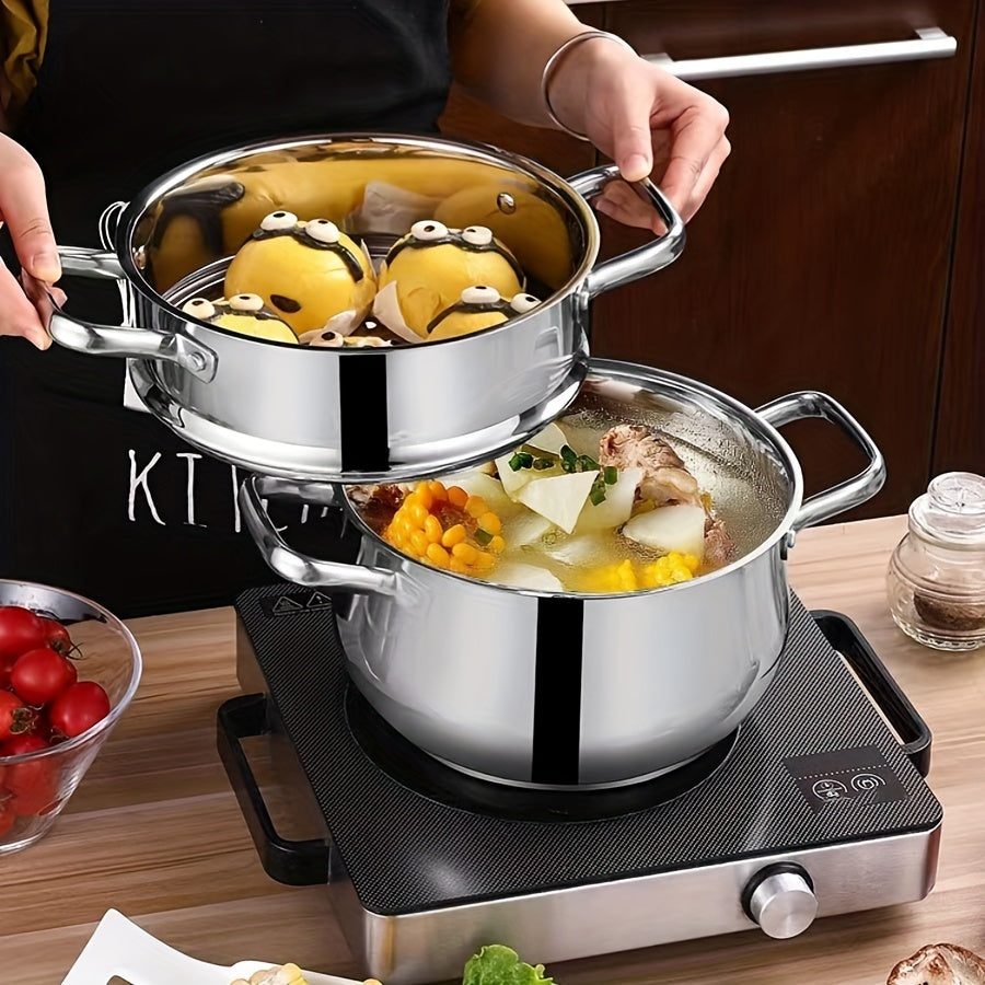 Double-Layer Stainless Steel Soup Pot with Curved Handle for Household Cooking