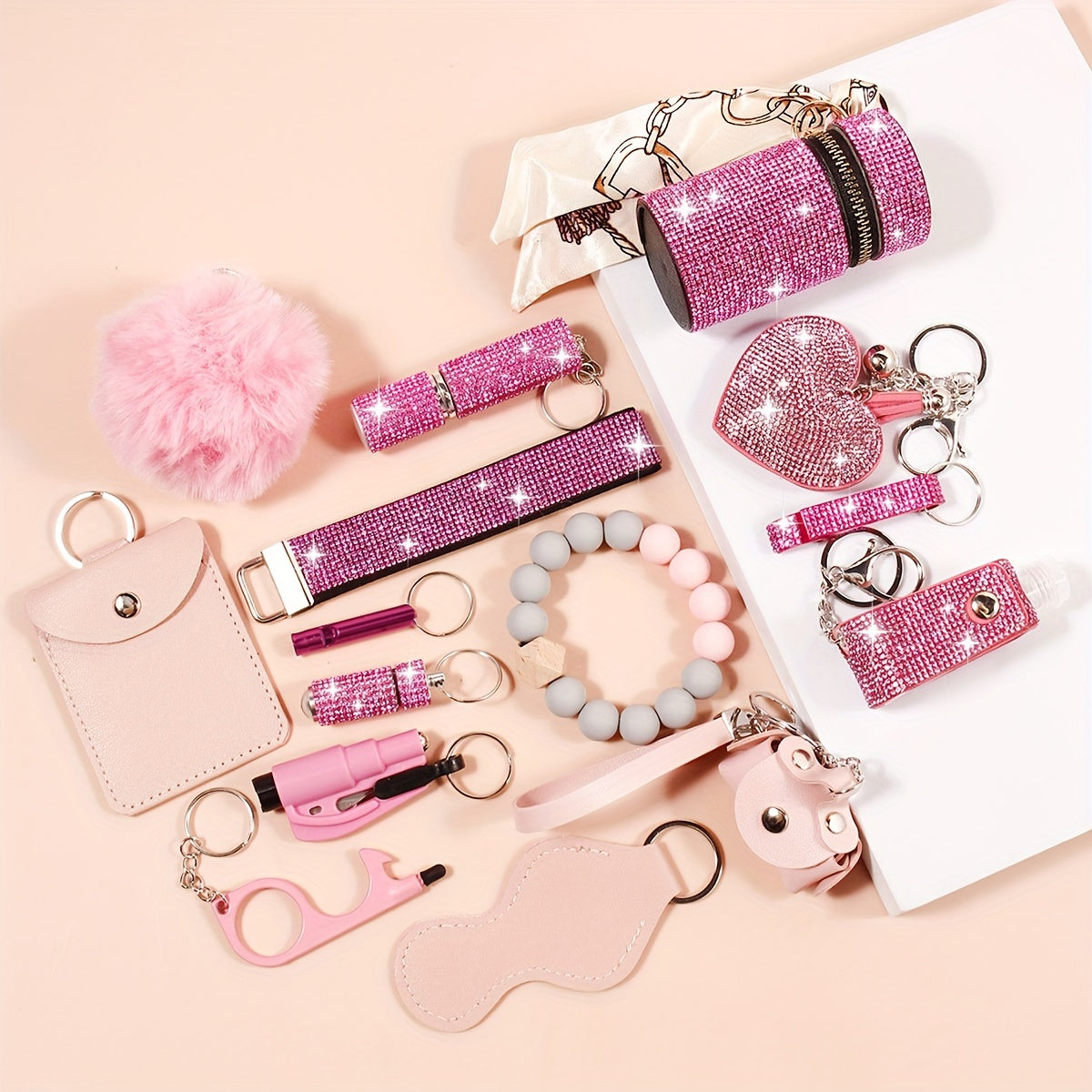 Set of 15 Rhinestone Safety Keychains with Wristlet, Pouch, Pom Pom Card Holder and Accessories