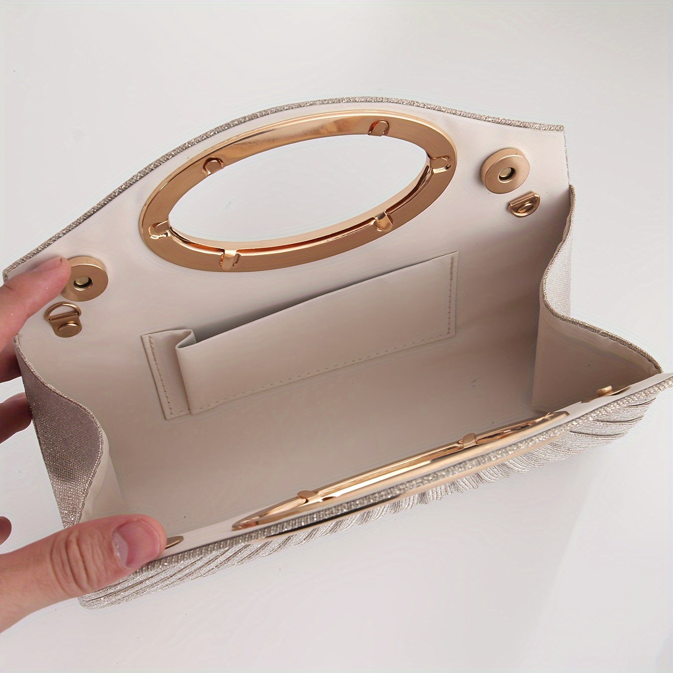 Glitter Clutch Bag with Metal Ring Handle and Removable Crossbody Strap for Weddings and Parties