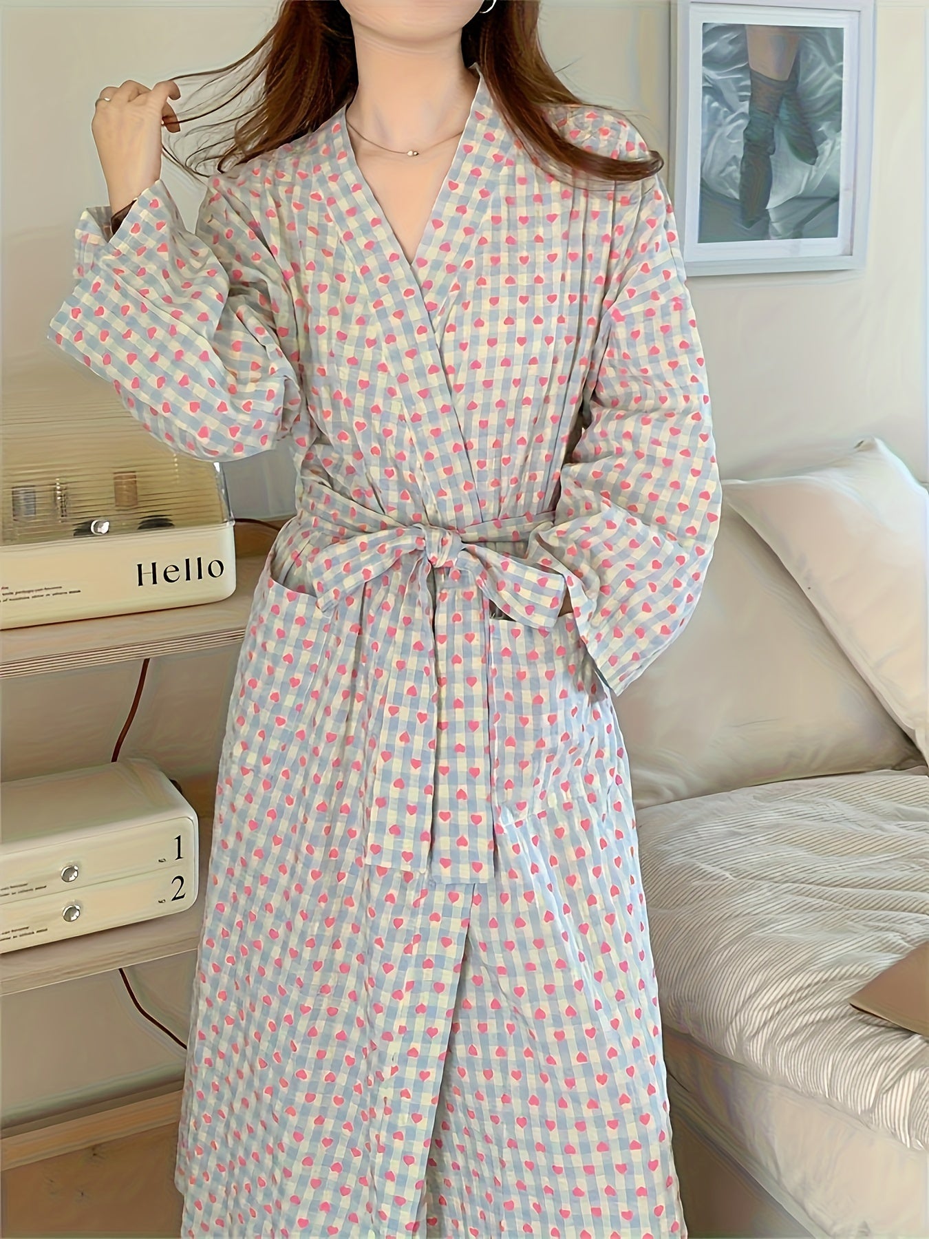 Women's Plaid Heart Print Robe Spring Summer Loose Fit Home Dress