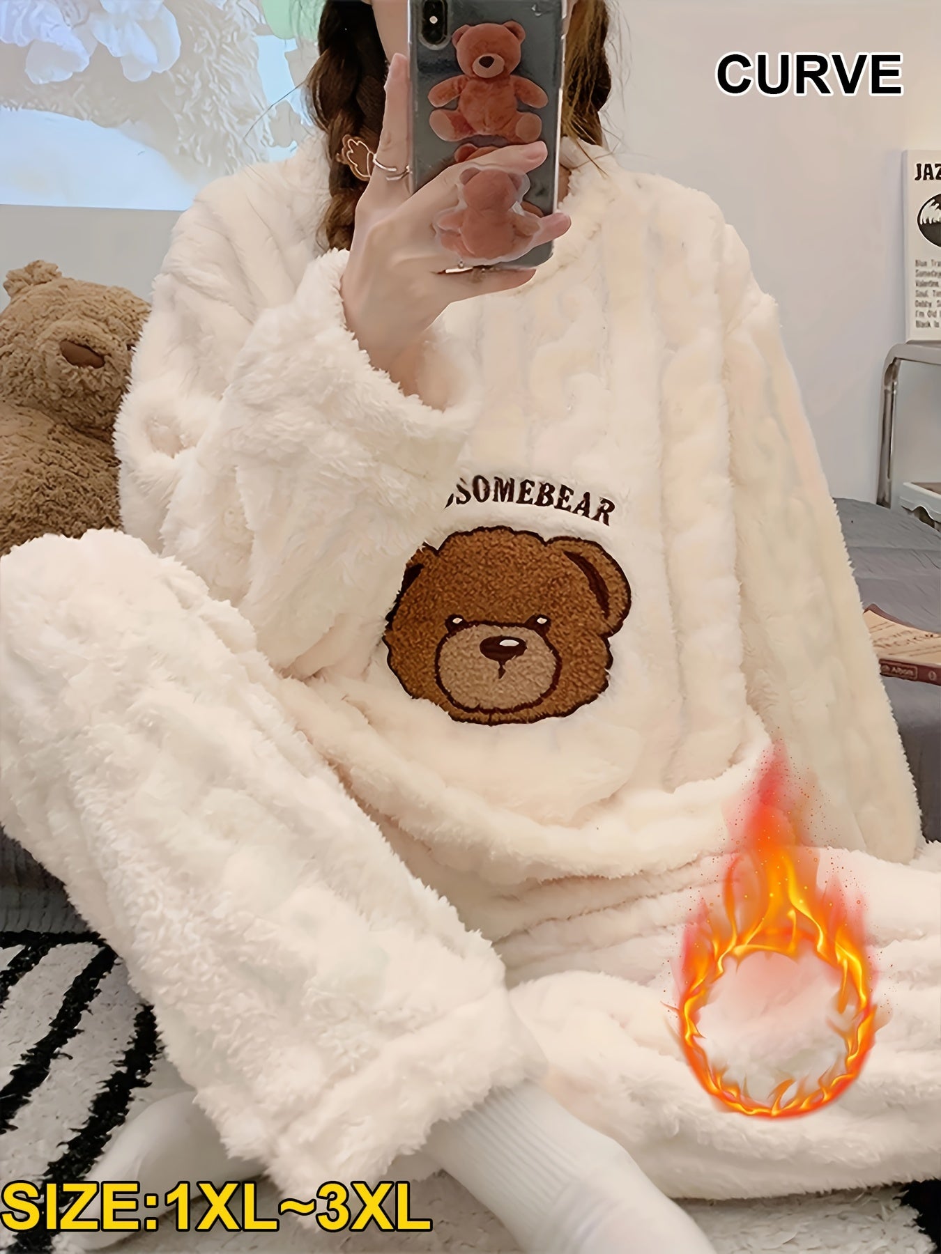 Пижама из фланели для женщин больших размеров с вышивкой медведя, длинный рукав, зимняя одежда для сна