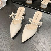 Women's Summer Mules with Faux Pearl Ankle Strap and Chunky Heel