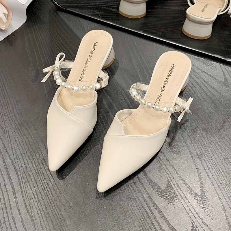 Women's Summer Mules with Faux Pearl Ankle Strap and Chunky Heel