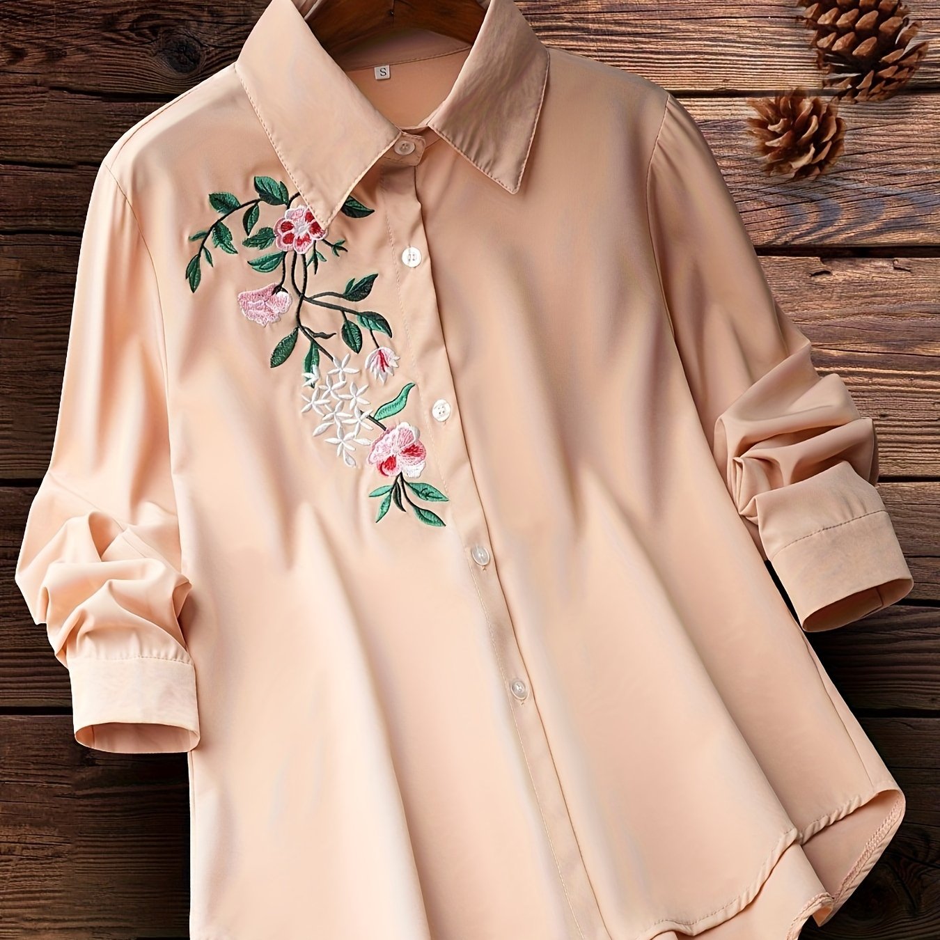 Women's Embroidered Floral Woven Shirt with Lapel Collar for Spring and Fall