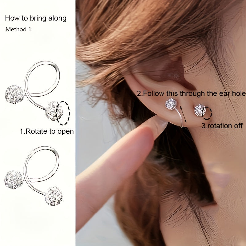 Sterling Silver and Stainless Steel Spiral Ball Earrings with Rhinestone Inlay for Daily Wear