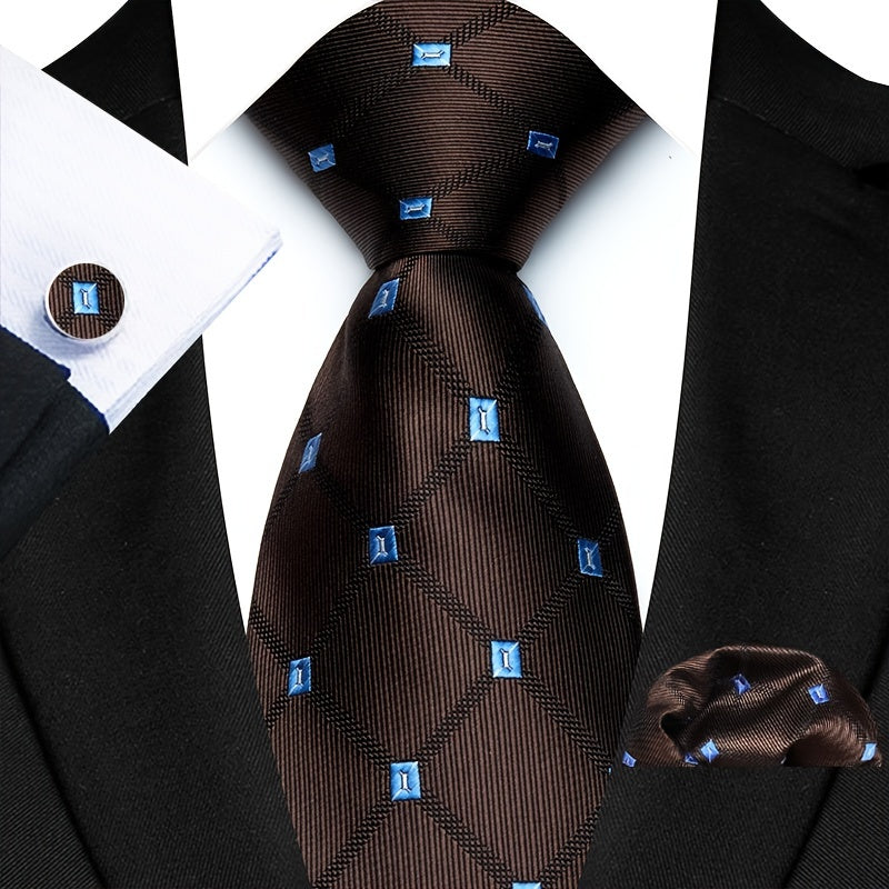 Men's Business Tie, Handkerchief, Cufflinks Set in Plaid and Stripe Designs