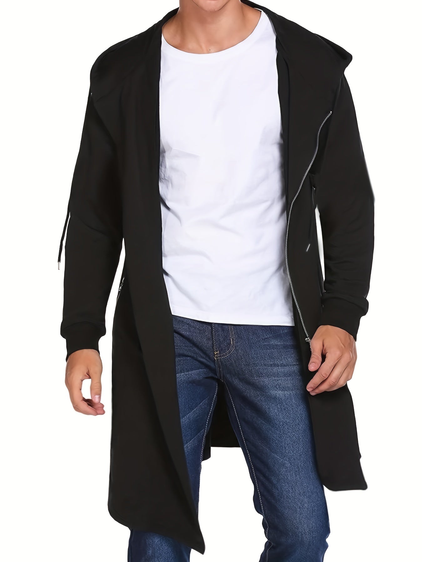 Plus Size Men’s Fall Winter Asymmetric Hooded Zip Jacket Polyester Casual Solid