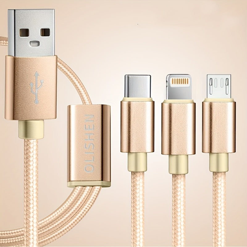 3-in-1 Nylon Braided USB Charging Cable for iPhone Micro USB Type-C Fast Data Sync