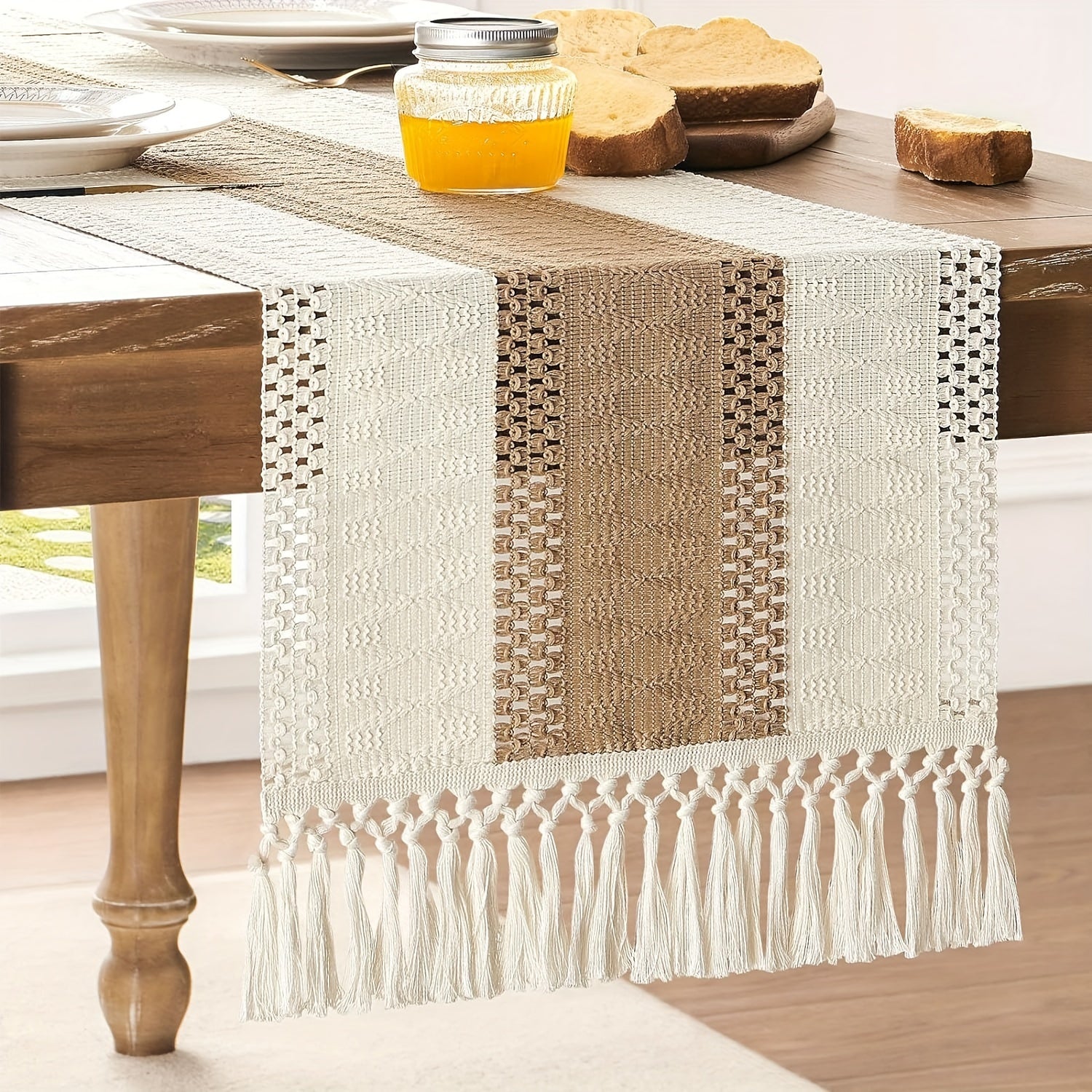 Bohemian Crochet Table Runner with Tassels Cream and Brown for Weddings Parties Home Decor