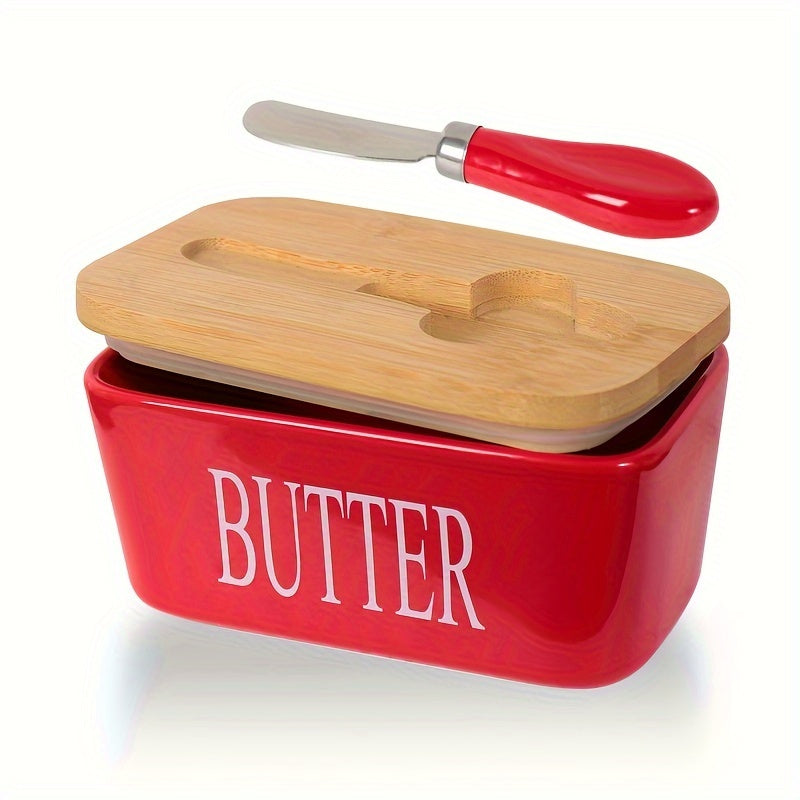 Ceramic Butter Dish Set with Bamboo Lid and Knife, Airtight Countertop Storage