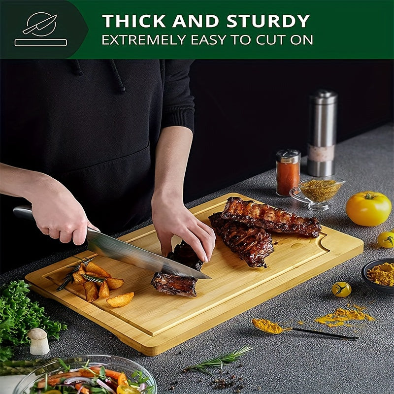 Set of 3 Bamboo Cutting Boards with Juice Grooves and Handles for Kitchen
