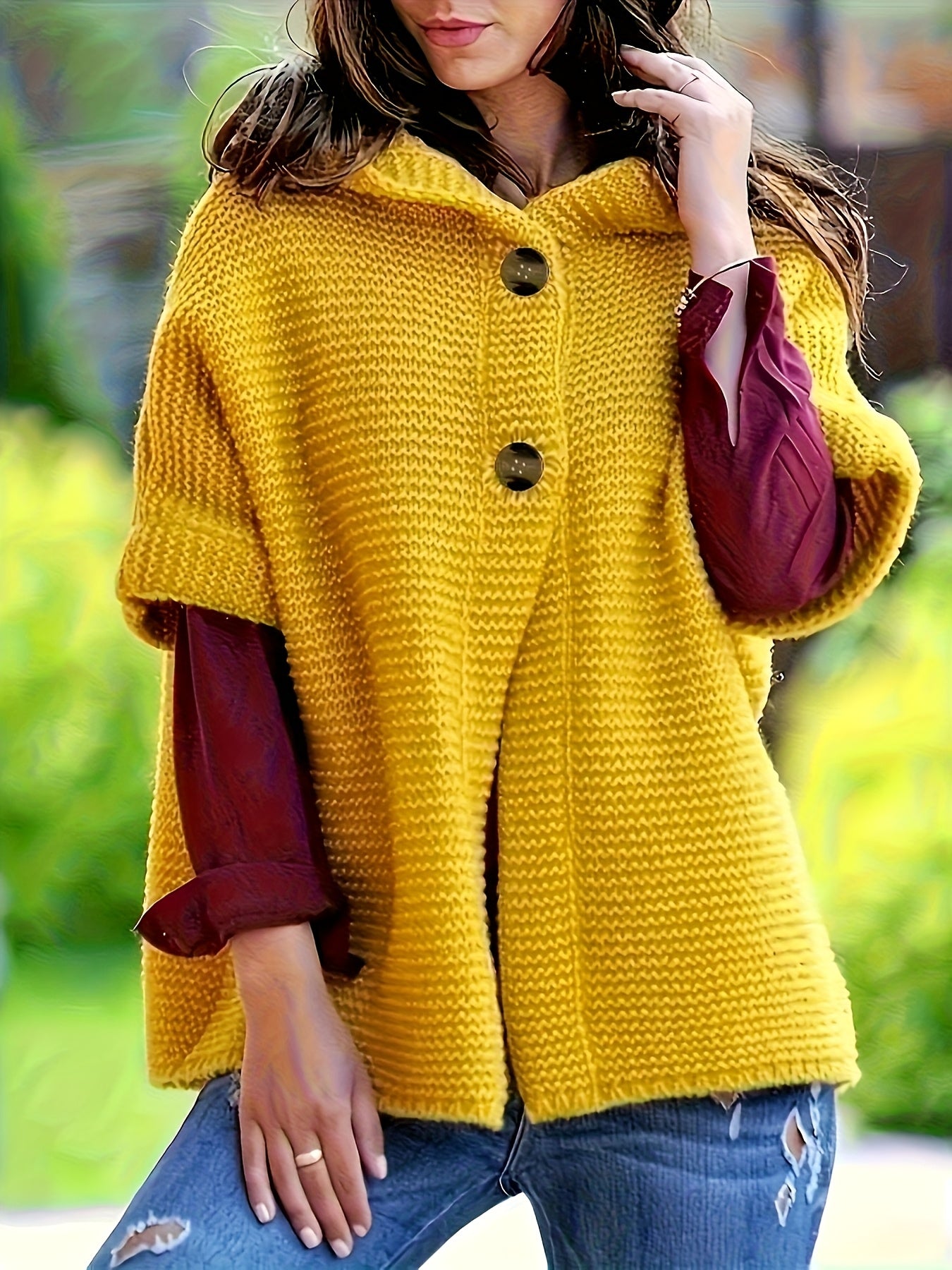 Plus Size Yellow Hooded Short Sleeve Cardigan Soft Fabric Casual Seasonal