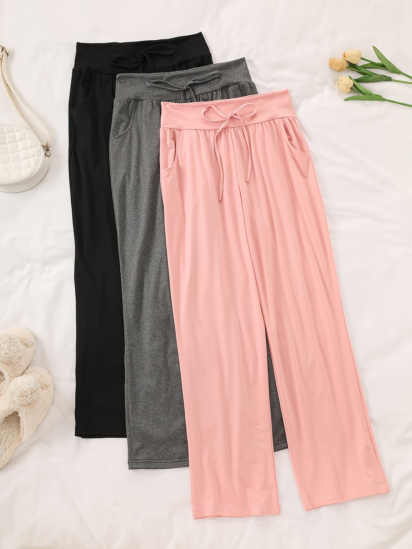 Women's Cozy Pajama Pants 3-Pack Polyester Elastane Black Gray Brown