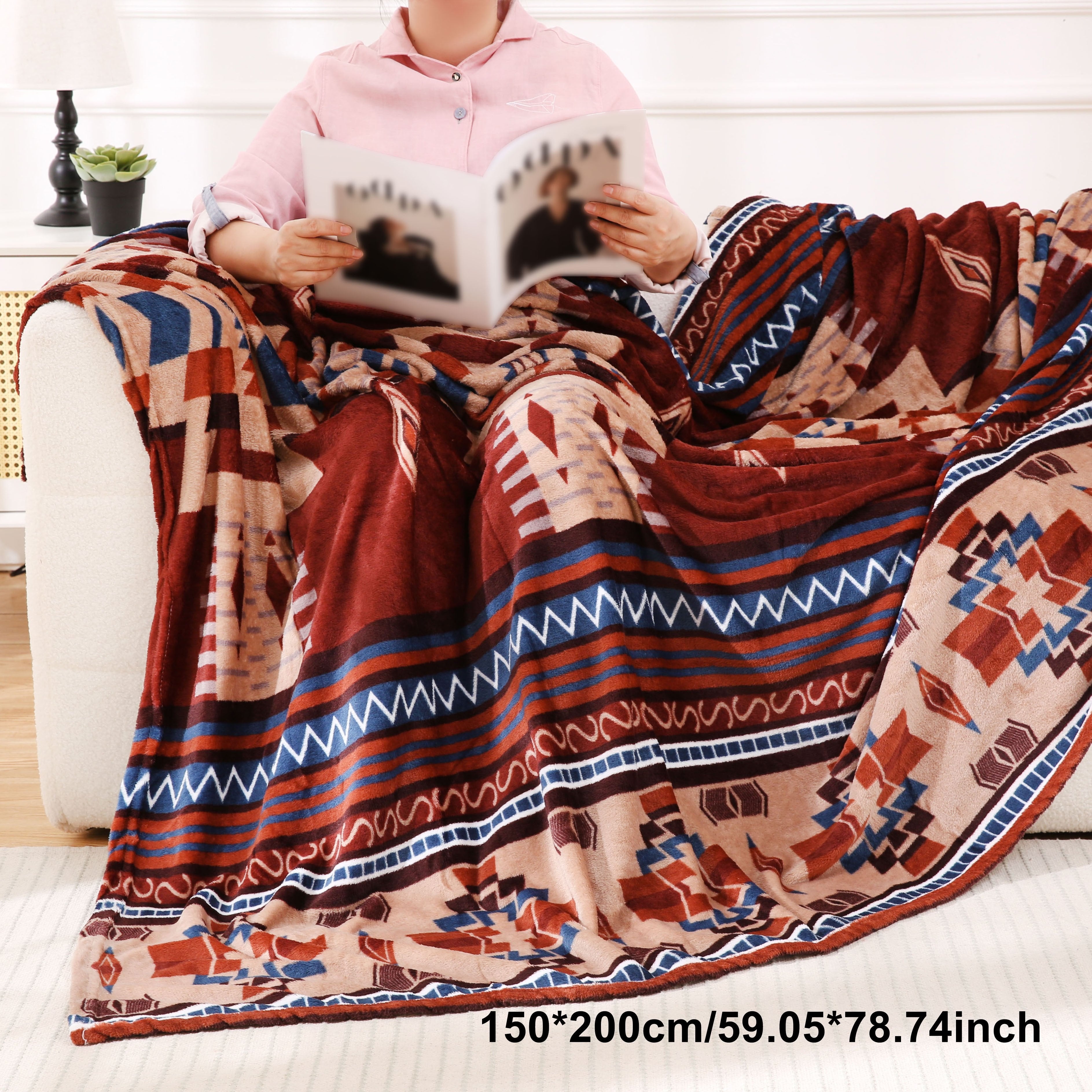 Manta de franela boho-chic de 200GSM suave, cálida y ligera para sofá, cama y viajes