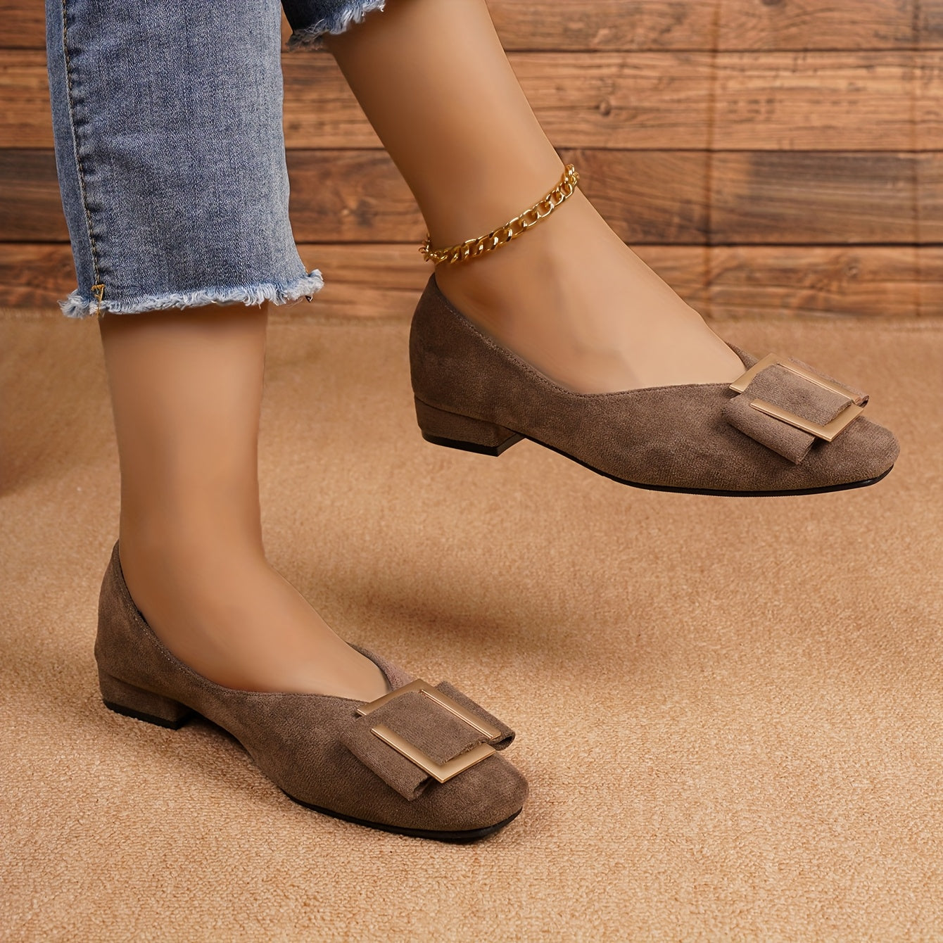 Women's Flat Shoes Brown Geometric Square Toe Slip-On Ballets Comfortable Daily Wear