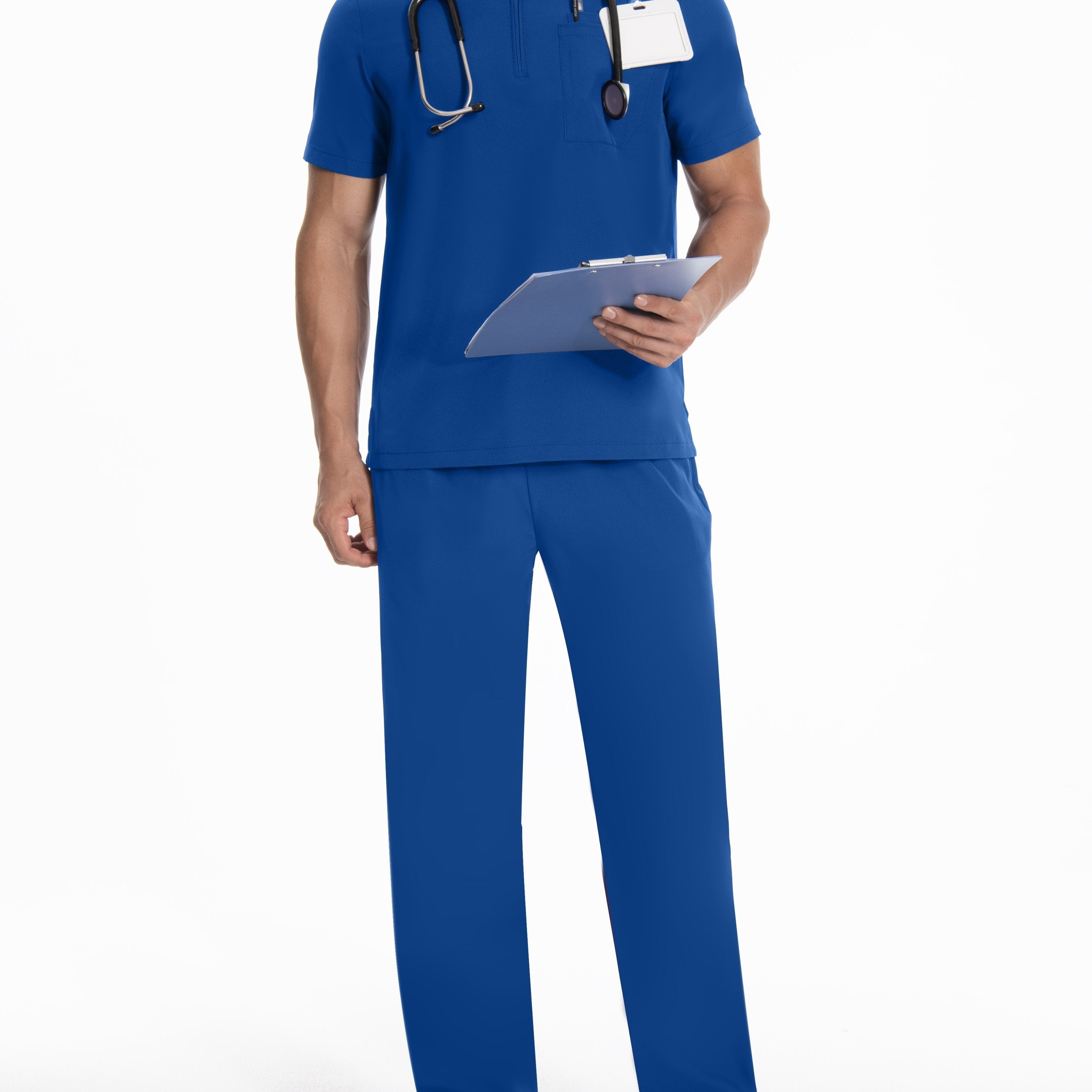 Erkaklar uchun konservativ uslubda polyester ish kiyimlari to'plami. Mustahkam rang, to'qilgan mato, kichik turli ko'ylak, odatdagi kesim, cho'ntaklar va bel halqalari bilan.