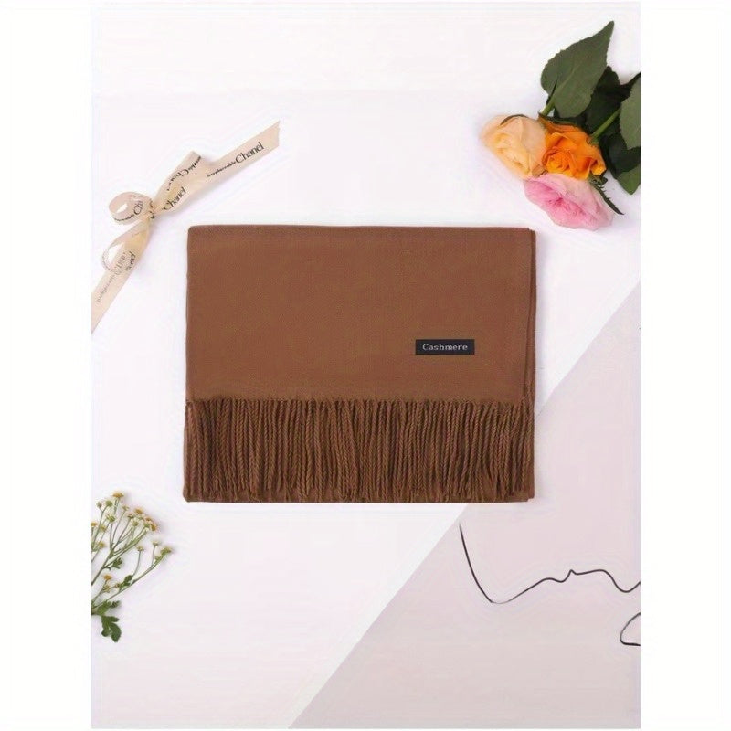 Cashmere-Feel Boho Tassel Scarf for Fall Winter Solid Colors Windproof Stylish
