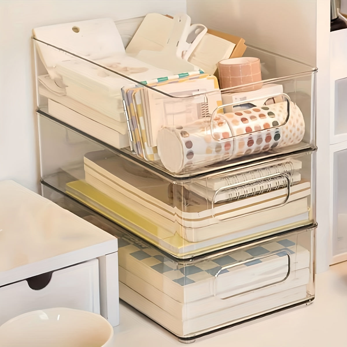 Clear Plastic Storage Bins with Handles Stackable Desktop Organizer Drawers for Home Office