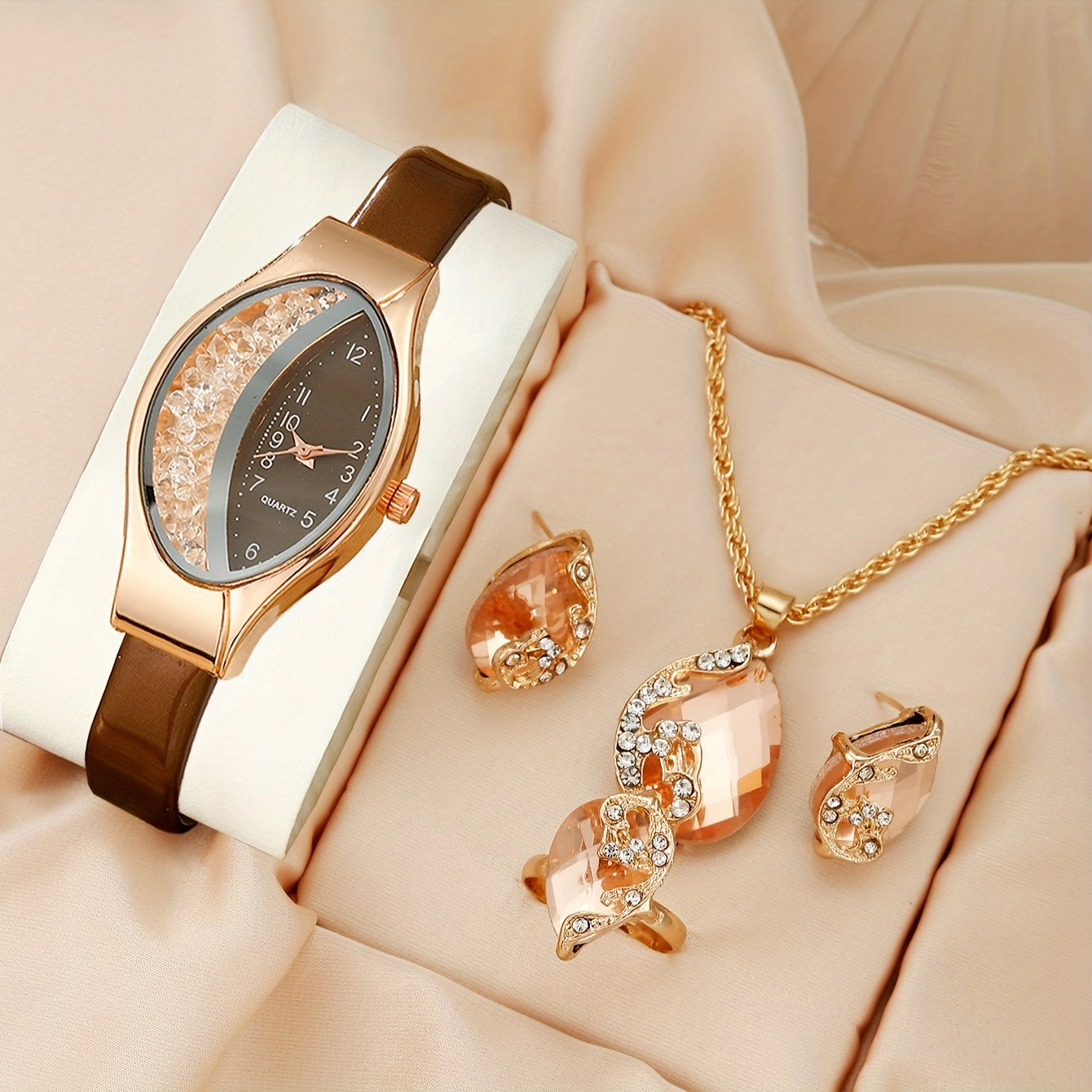 Set of 5 Women's Quicksand Oval Pointer Quartz Watches with Analog Display PU Leather Jewelry Set