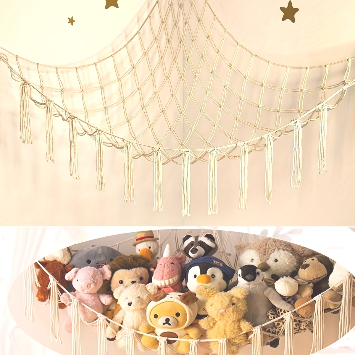 Yoshlar xonasi yoki yashash xonasi dekoratsiyasi uchun ko'p funksiyali osma saqlash to'ri, yoqimli dizayn bilan. Qora, oq, pushti va och ko'k ranglarda mavjud. O'lchamlari 100x100x140 sm. Yengil mato, bezakli yulduz dizayni bilan.