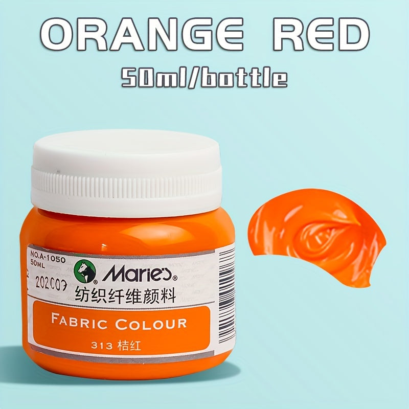 1 shisha Marie's Fabric Paint, 50ml - doimiy kiyim bo'yash uchun 12 rang mavjud. O'rta cho'tka kiritilgan. San'atkorlar va hunarmandlar uchun ideal. T-shirtlar, poyabzallar, jinsilar uchun mos.