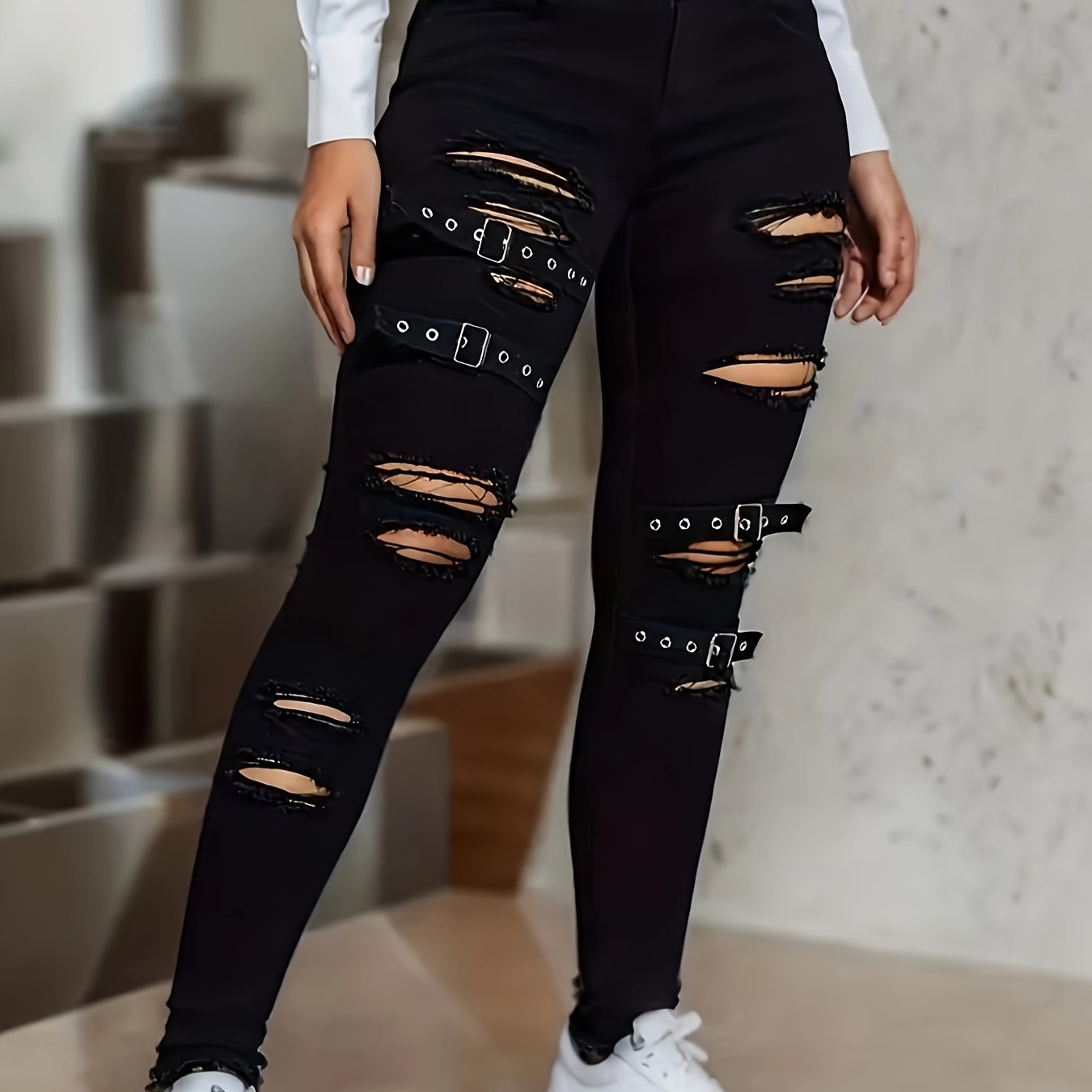 Women's Denim Skinny Jeans With Split Buckle Details Black Spring Autumn