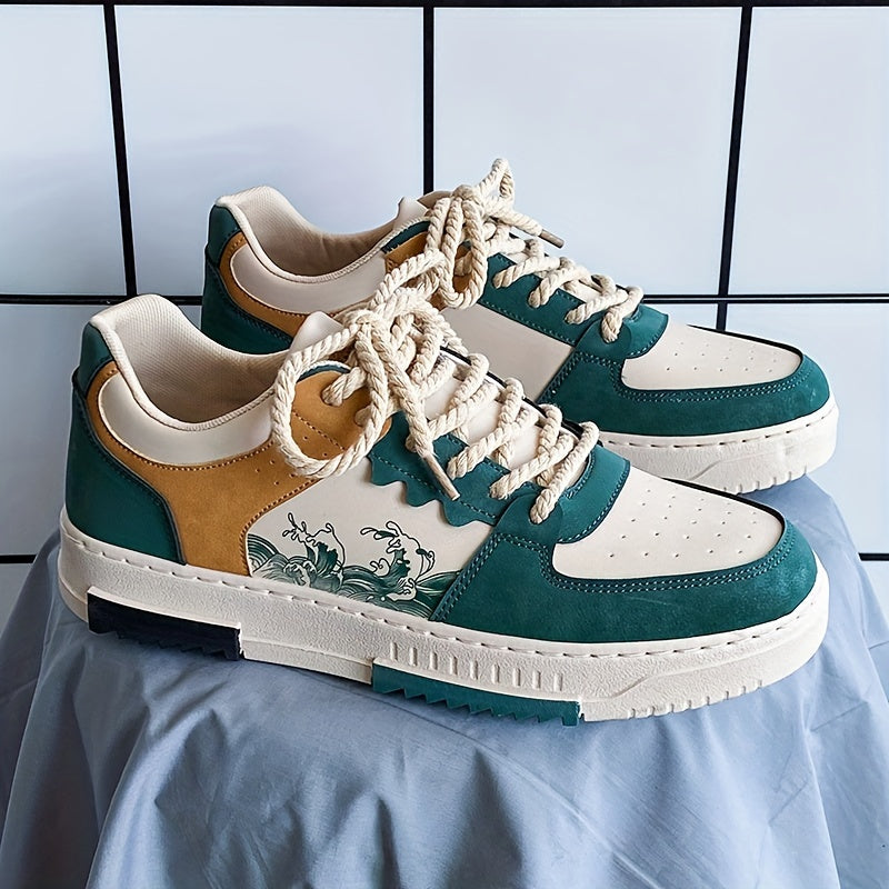 Erkaklar uchun ko'cha uslubidagi rangli blokli skeytbord poyabzallari, ochiq havoda faoliyatlar uchun anti-slip tasodifiy sport poyabzallari.