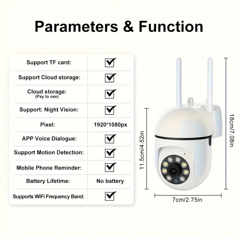 1080P Full HD Wireless Security Camera with Color Night Vision and Two-Way Audio for Indoor Outdoor Monitoring