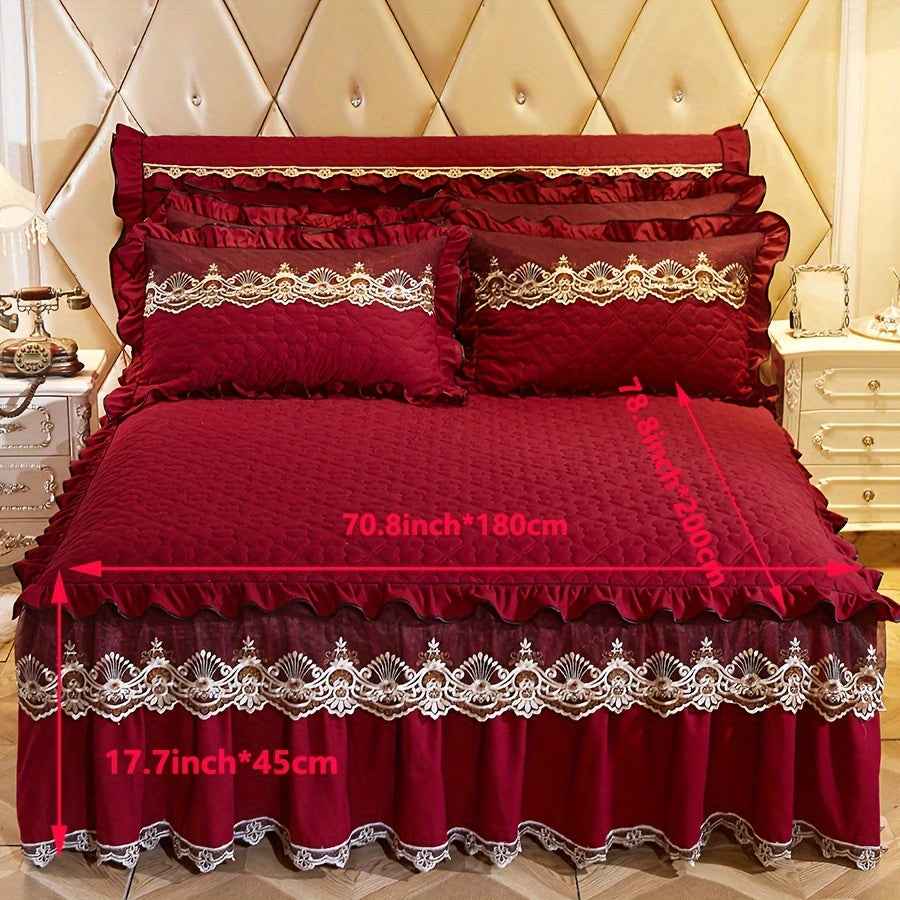 3-Piece Solid Color Quilted Love Quilt Set with Lace Bed Skirt and Pillowcases