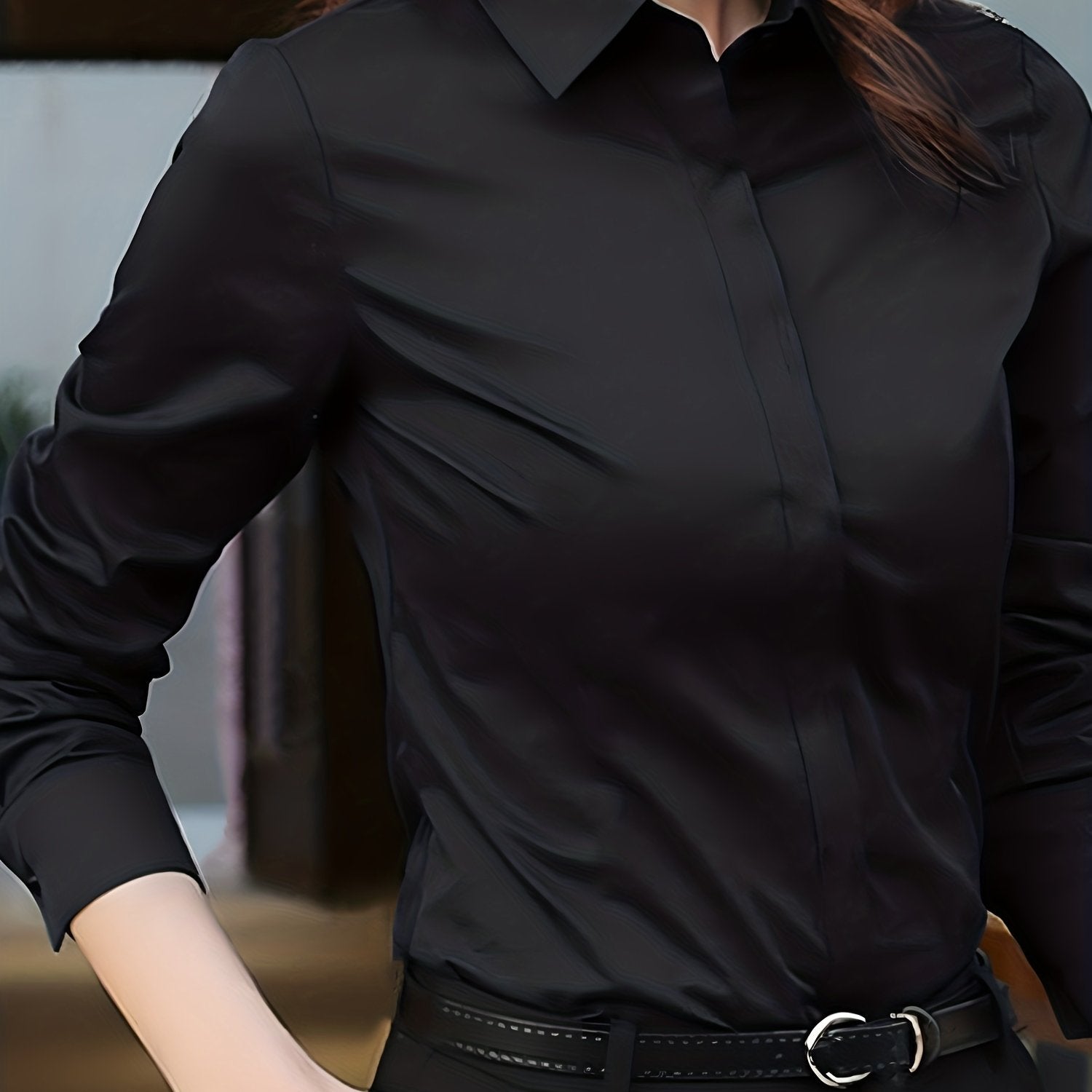 Women's Polyester Long Sleeve Blouse Solid Color Lapel Collar Non-Stretch Woven Professional Style