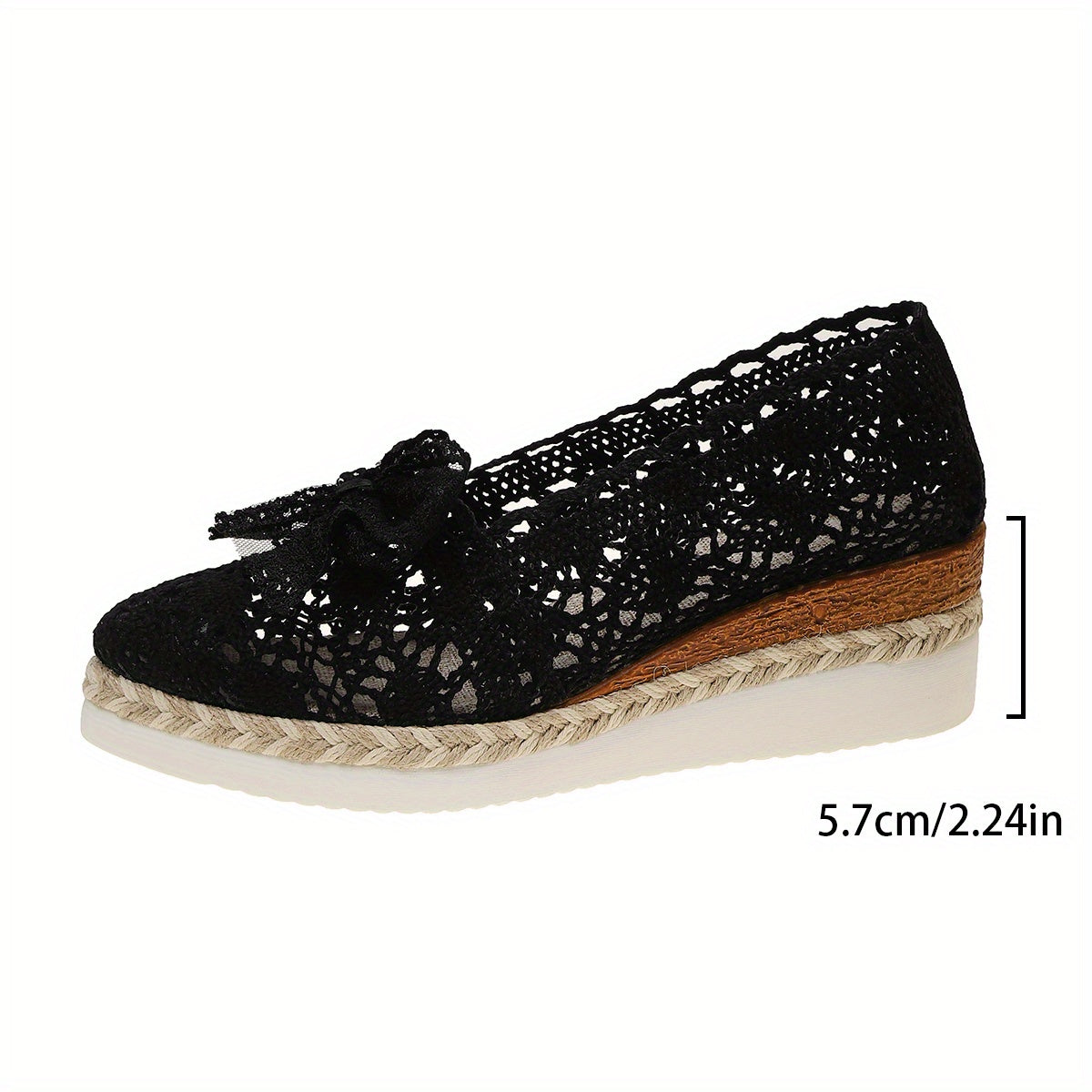 Women's Pointed Toe Espadrille Wedge Shoes with Bow Black Fabric Platform