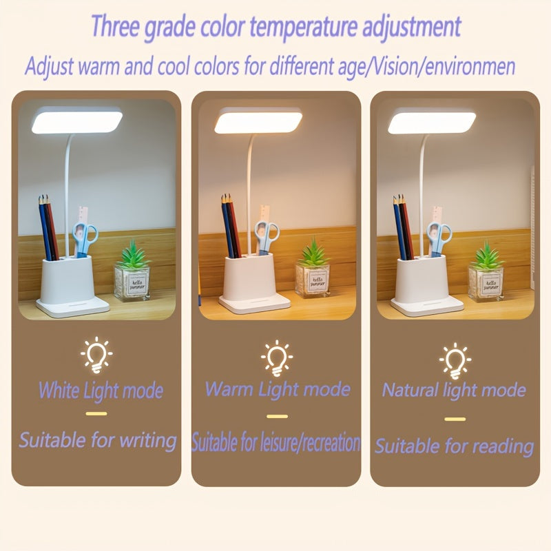 LED Desk Lamp with Pen Holder Touch Control Dimmable Color Changing USB Battery Powered White