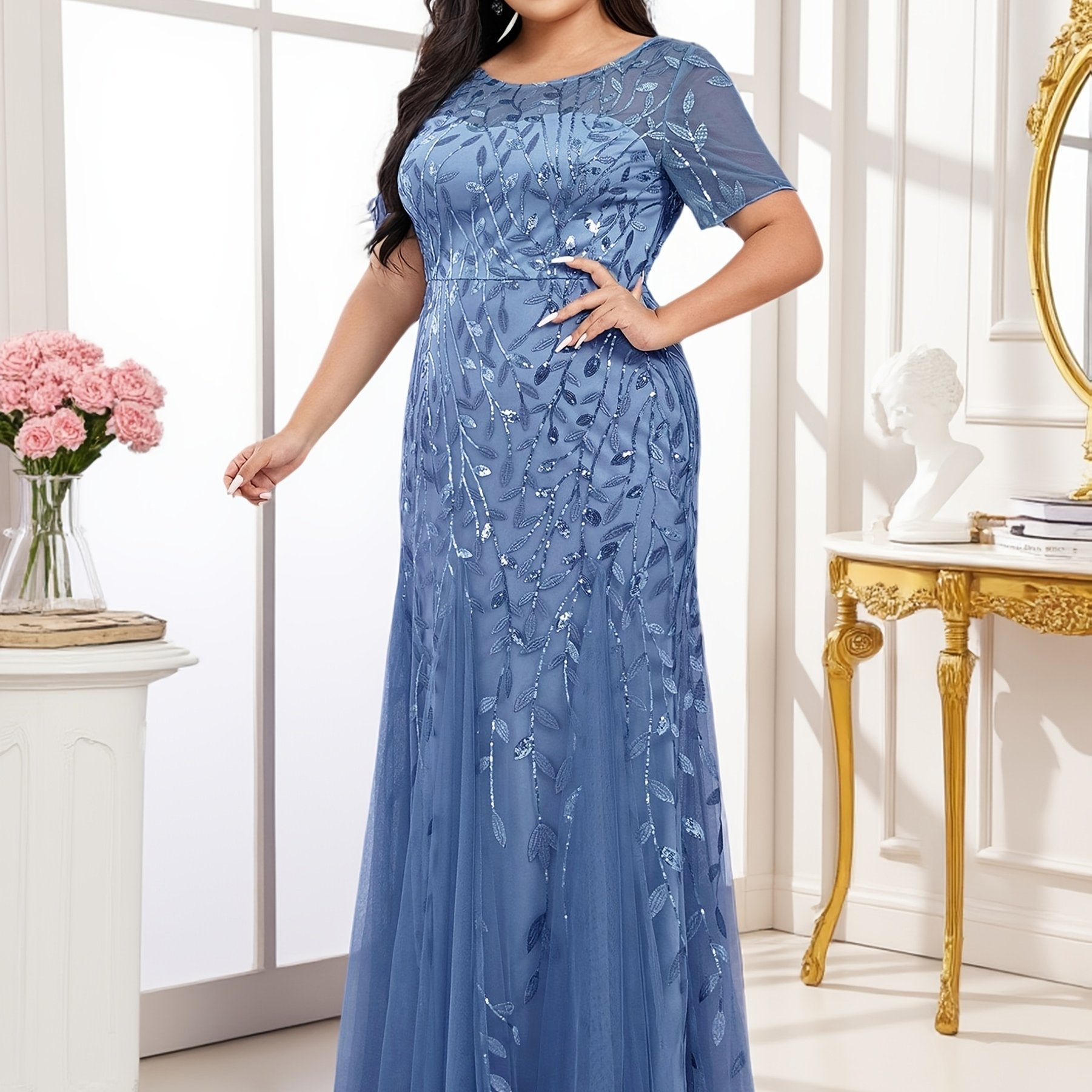 Plus Size Women’s Mermaid Evening Gown Sparkling Sequin Short Sleeves