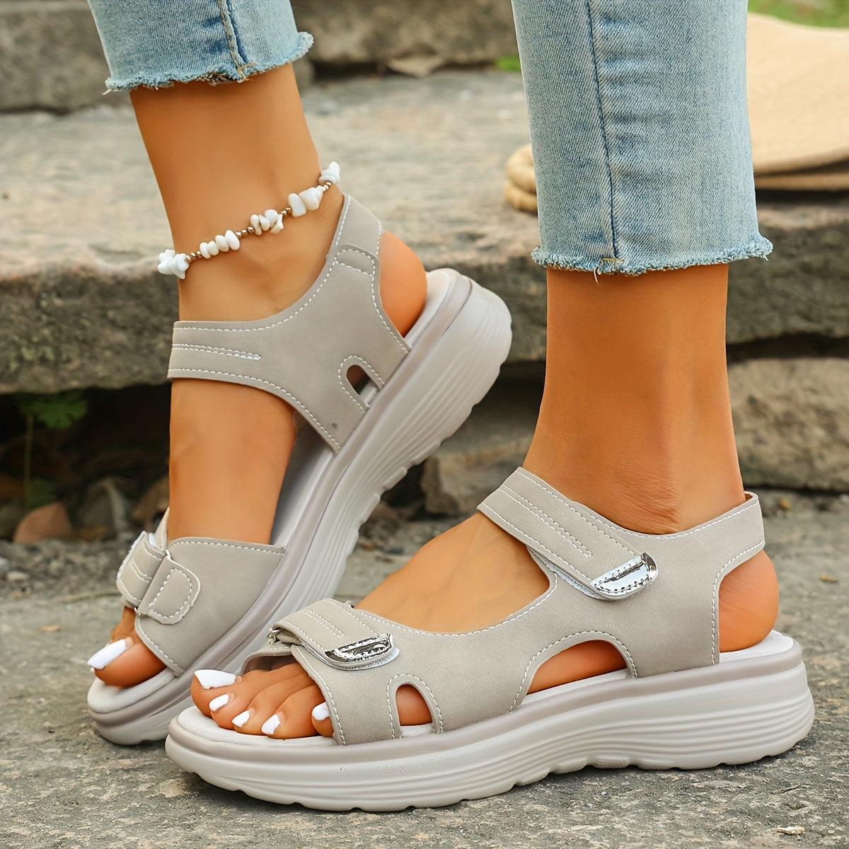 Women's Summer Faux Leather Open Toe Slip-On Flat Sandals