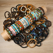 Set of 12 or 24 Autumn Winter Wooden Bead Stackable Elastic Wire Bracelets for Women