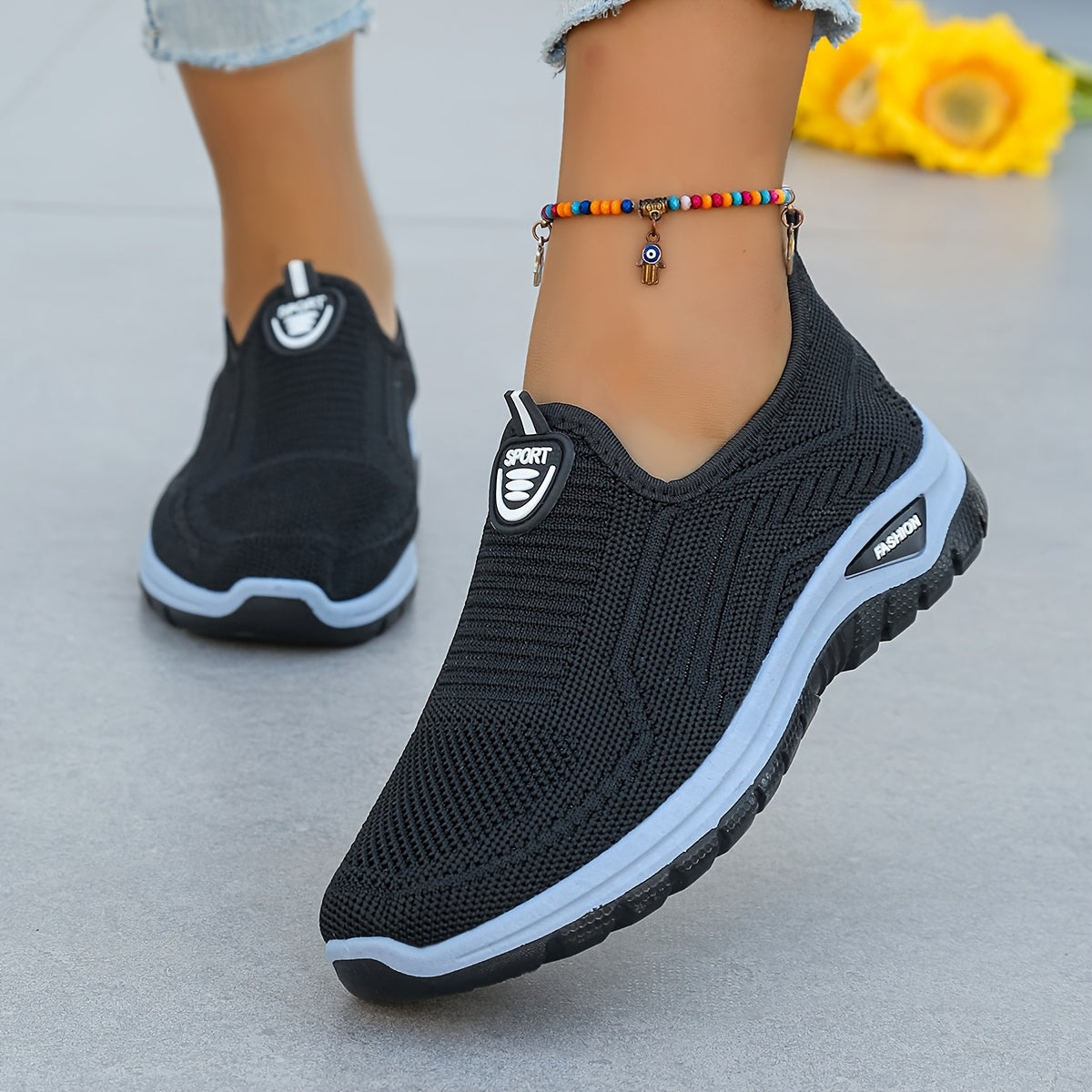 Women Plus Size Breathable Slip-On Sneakers Casual Walking Shoes Black Blue