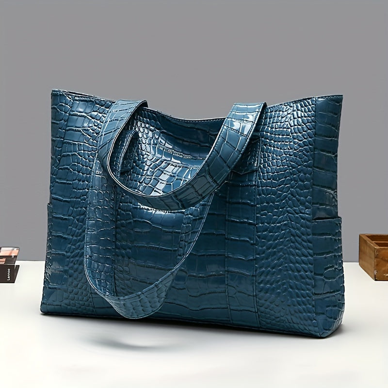 Blue Crocodile-Embossed PU Tote Bag with Zipper Closure for Women