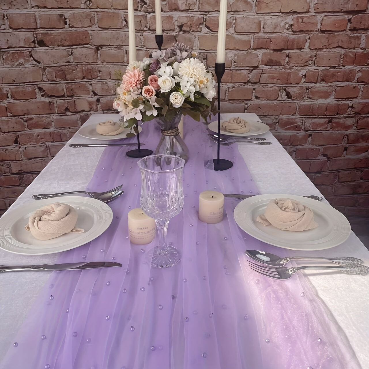 Camino de mesa de tul con perlas para bodas y fiestas, 72 pulgadas