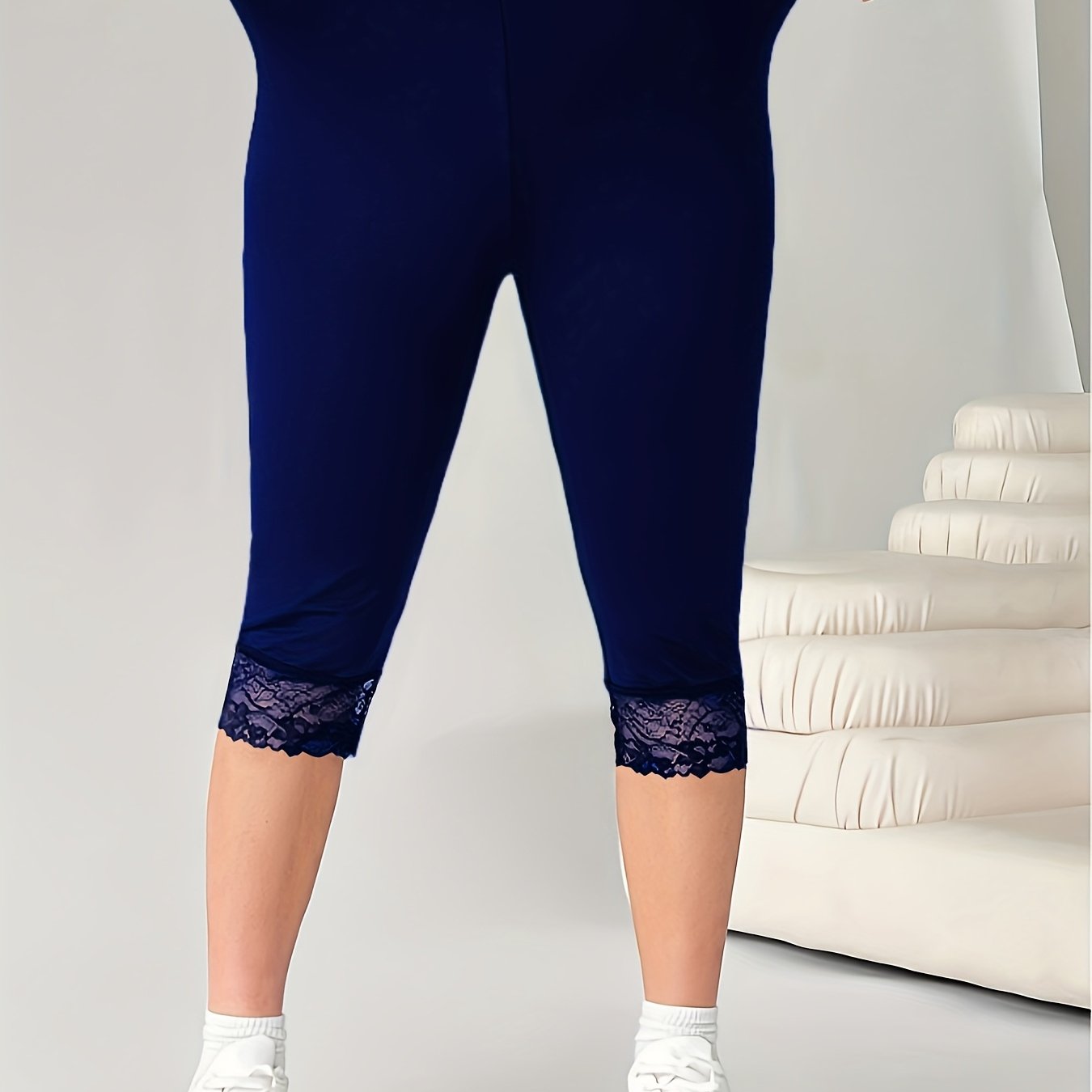 Women's Plus Size Black Capri Leggings with Lace Trim High Waist Stretchy