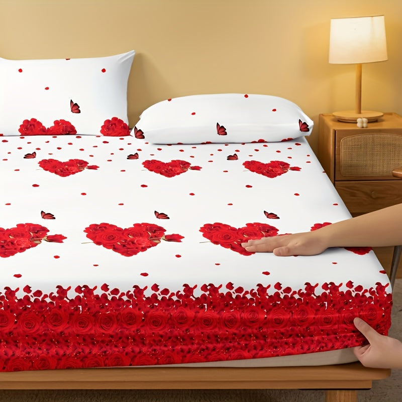 Fitted Sheet with Romantic Rose and Heart Print Deep Pockets Easy Wash for Bedroom Guest Room