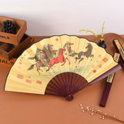 Ancient Style Chinese Folding Fan with Peony Plum Eight Jun Artwork 8-Inch