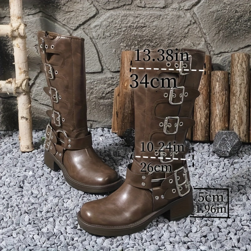 Women's Faux Leather Mid-Calf Boots with French Heel and Pull-On Design