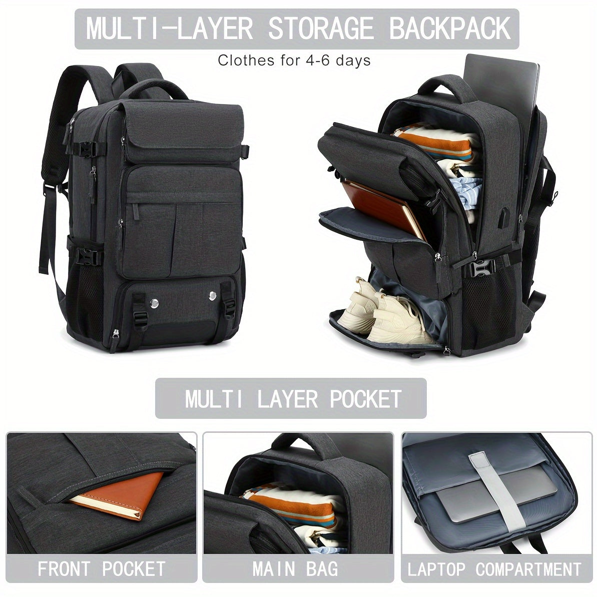 Travel Laptop Backpack with USB Port, Shoe Compartment, 15.6-Inch Sleeve for College Business School