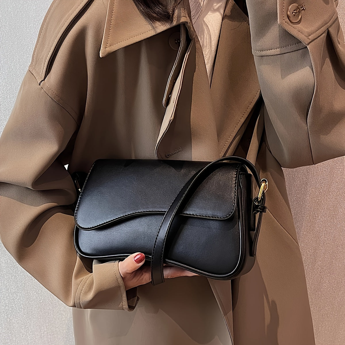 Black Baguette Bag for Women with Adjustable Strap and Gold Hardware