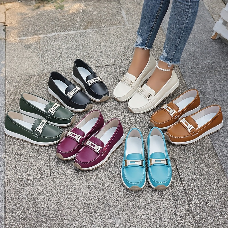 Women Loafers with Metal Buckle Slip-On Flats Non-Slip Casual Shoes