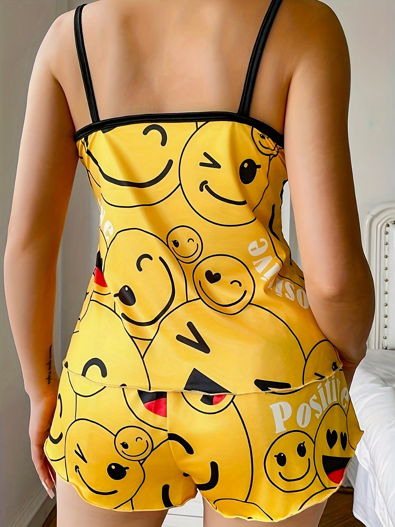 Women's Smiling Face Print Pajama Set with Frill Trim Backless Cami Top and Elastic Shorts