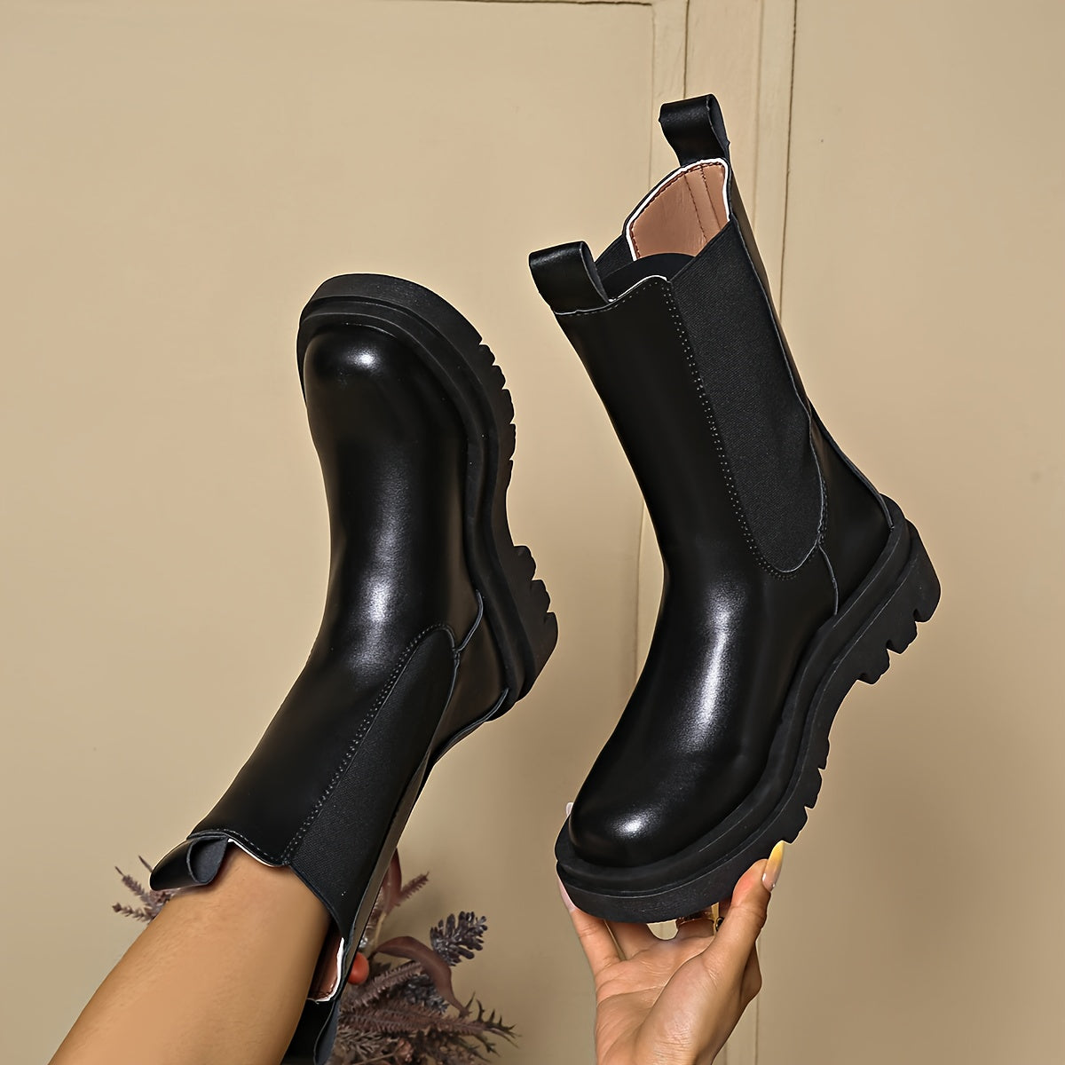 Women's Black Chelsea Boots with Thick Sole and Mid-Heel