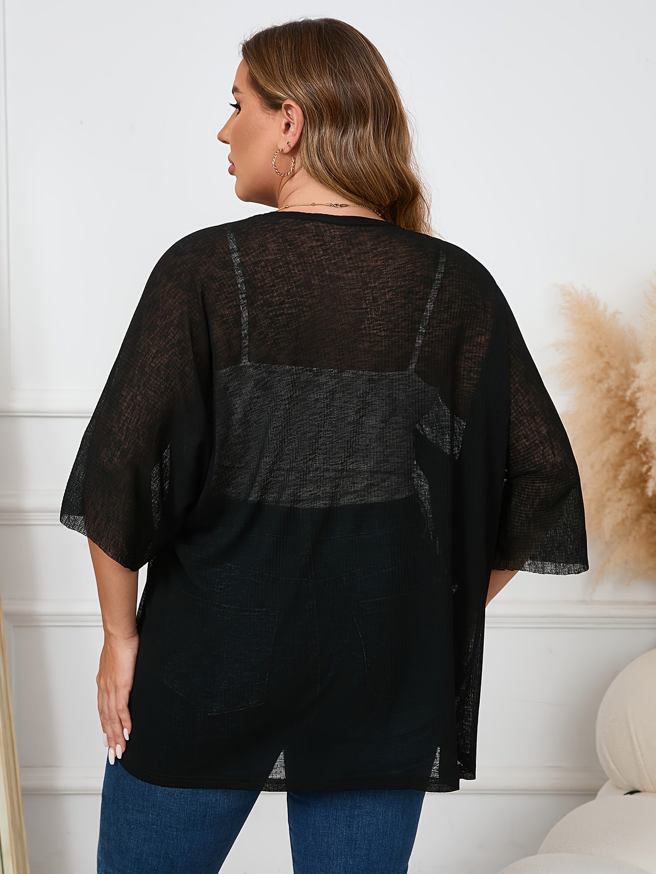 Кимоно с полупрозрачным открытым передом и рукавами батигвин для полных размеров, весна-лето